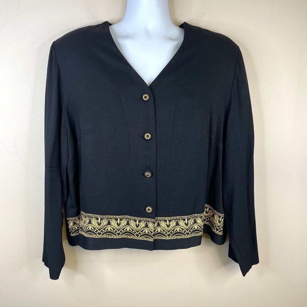 Vintage Womens‎ EMBROIDERED Jacket Size 22 24 Black METALLIC Gold Blazer Button